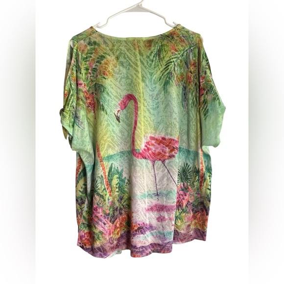 Ellen Negley Flamingo Tropical Cold Shoulder Short Sleeve Tunic Top XXL - Picture 2 of 7